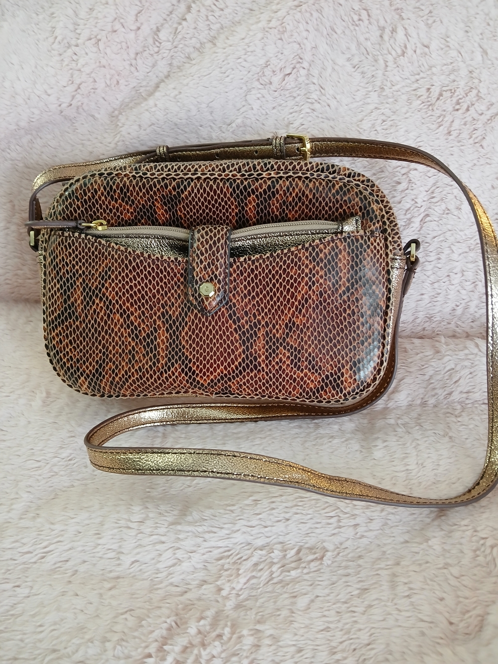 G.I.L.I. Brown Snake-Print Crossbody with Gold Metallic Strap